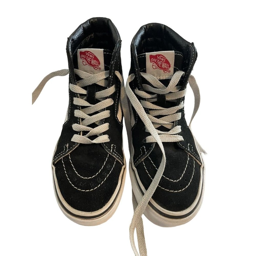 VANS Retro Sneakers Sz 2 Youth Kids Shoes Black White Suede Canvas High Top